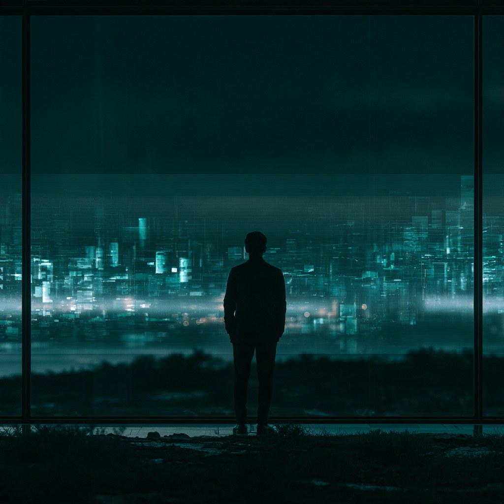 A person stands at a tall window, looking out over a city of glowing teal data