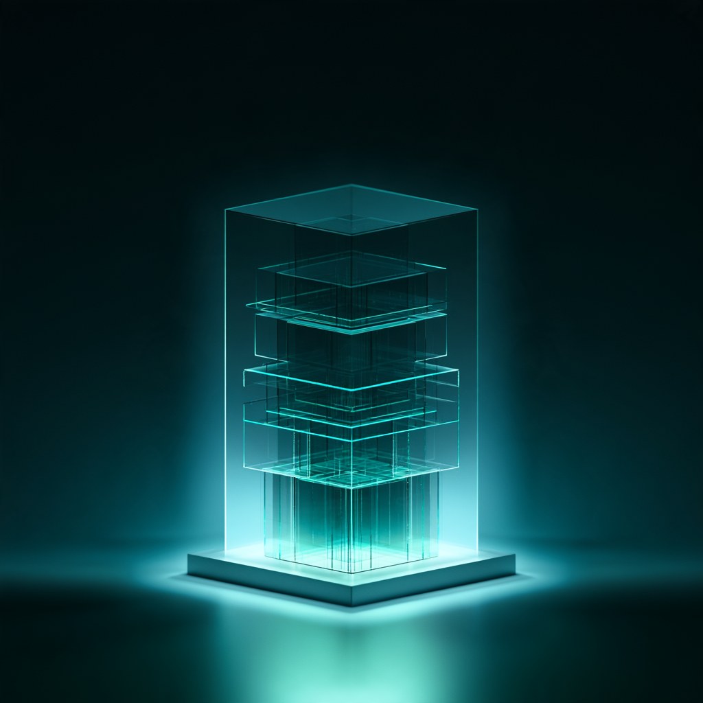A layered glass tower glowing teal, resting on a solid lit foundation