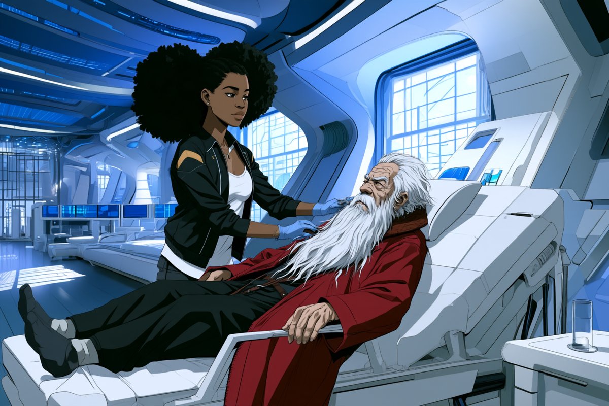 A medic tends an elderly bearded traveler in a bright starship medical bay.