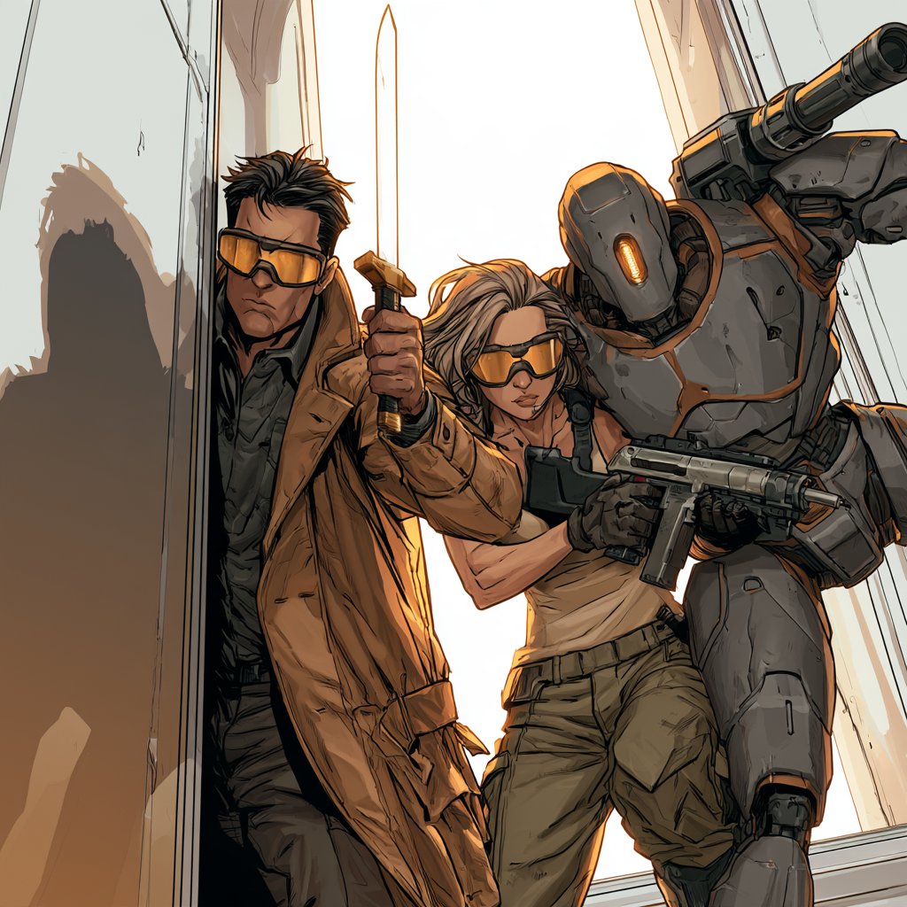 Two goggled adventurers and an armored robot burst through a doorway.