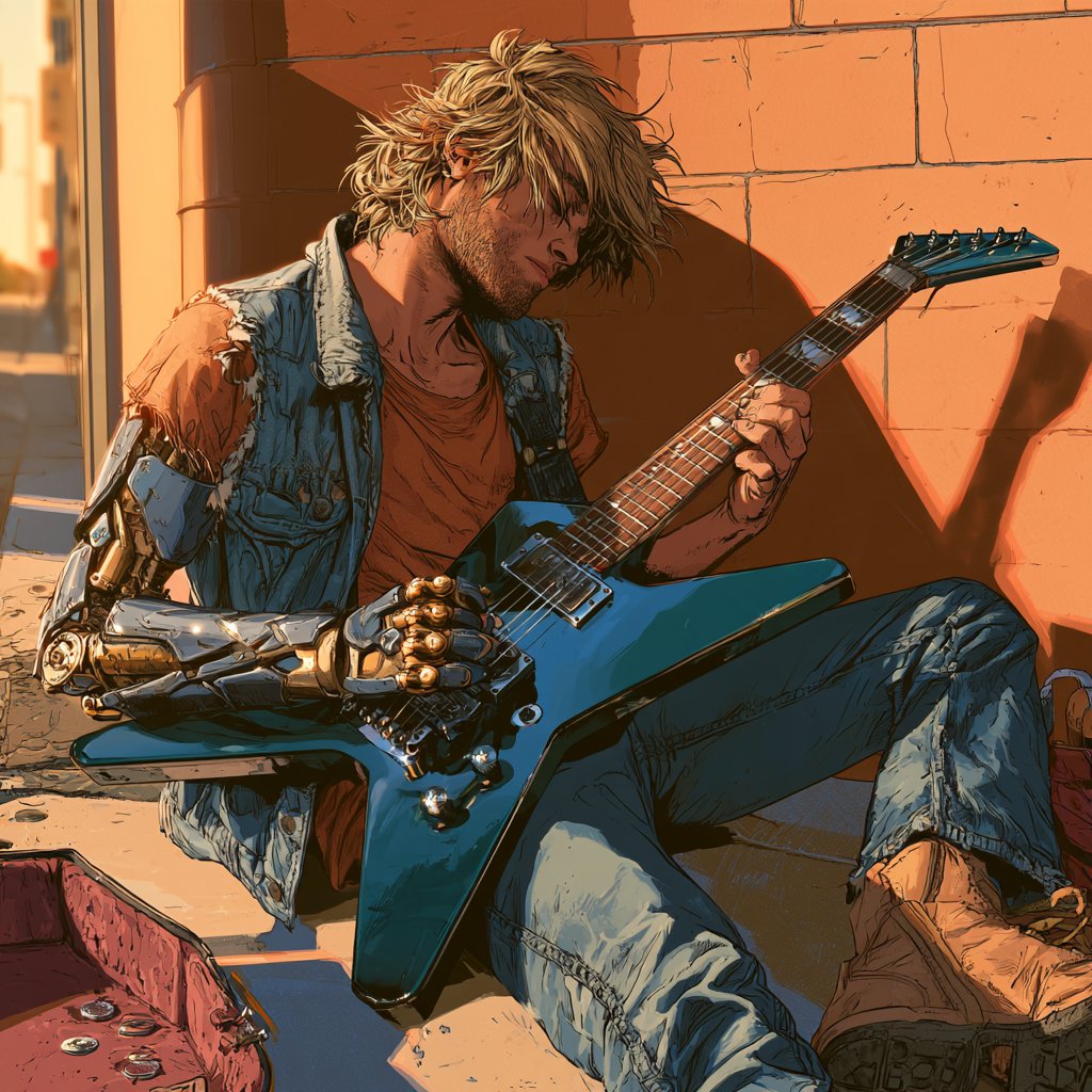 A musician with a mechanical arm plays a teal guitar against a sunlit wall.