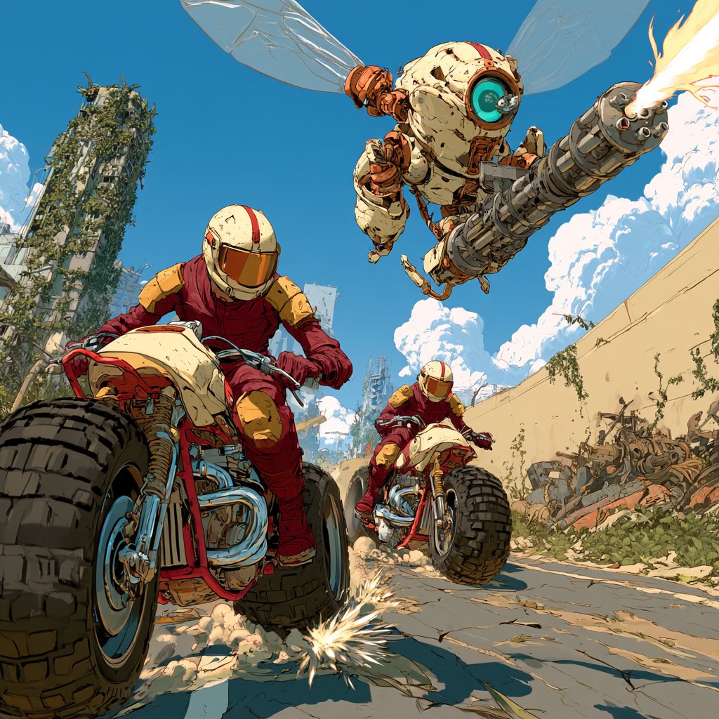 Riders on rugged bikes race beneath a winged war machine through overgrown ruins.