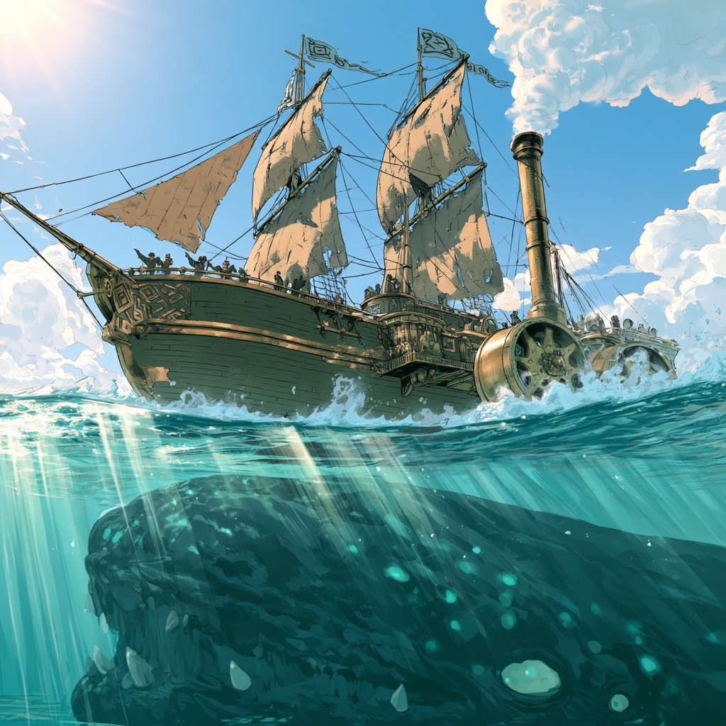 A steam-and-sail ship crosses the sea above a giant creature.