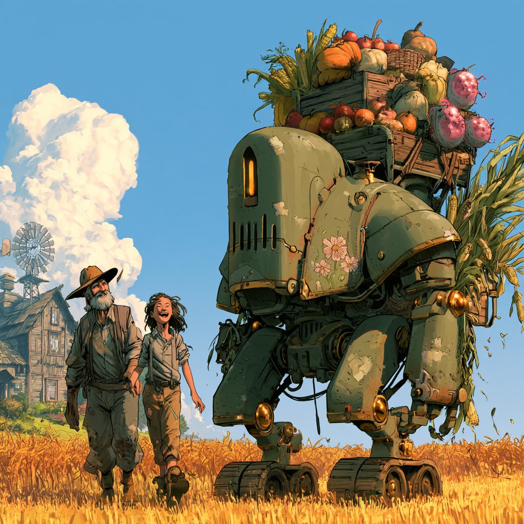 A farmer and a laughing child walk beside a robot carrying the harvest.