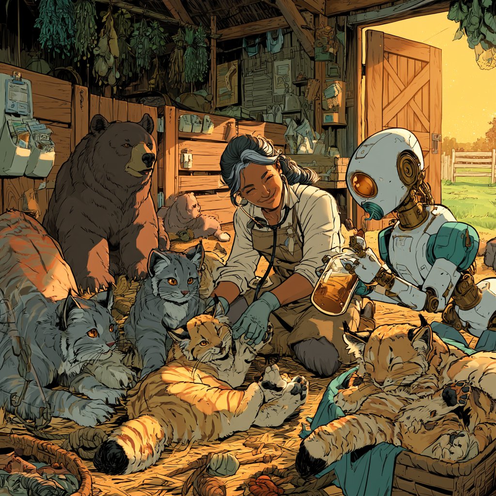 A healer and her robot companion care for big cats and a bear in a barn.