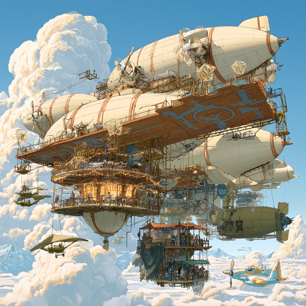A floating city of airships and gondolas drifts above the clouds.