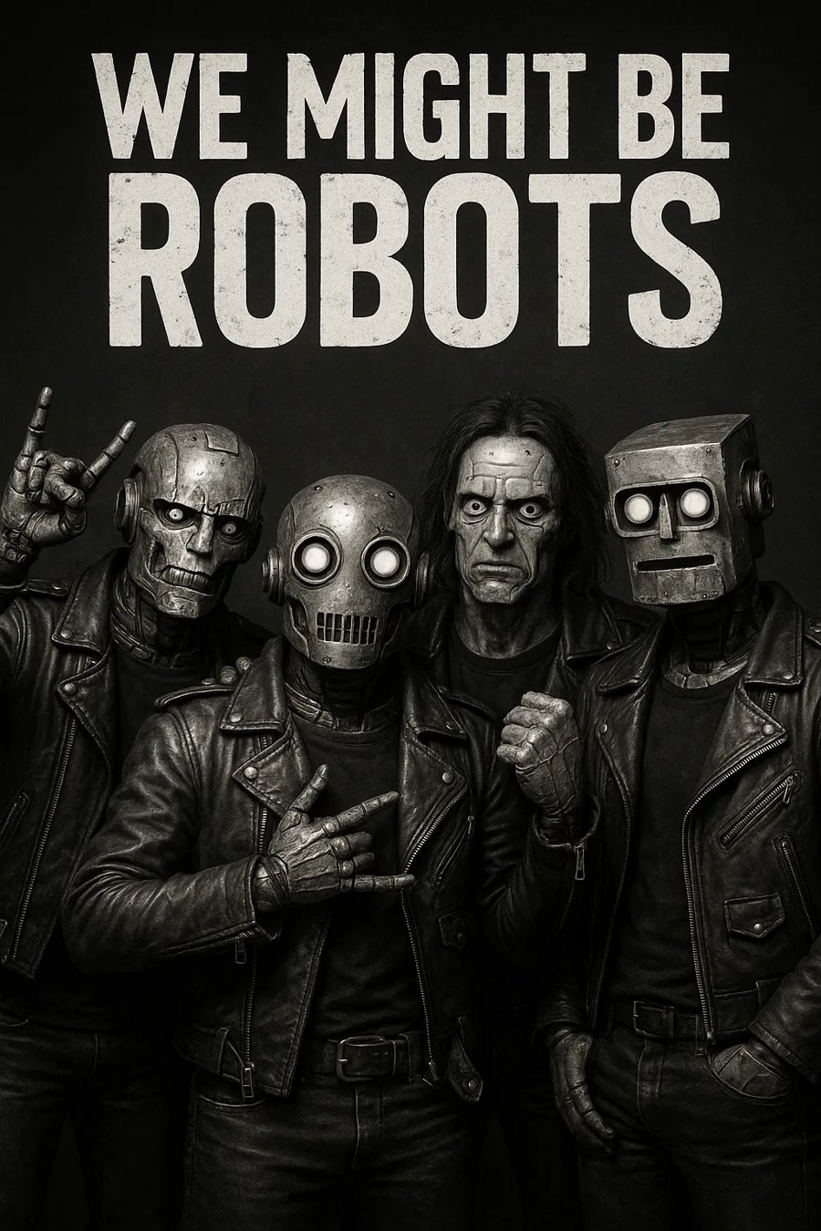 We Might Be Robots band poster: four robot rockers in leather jackets under the band name